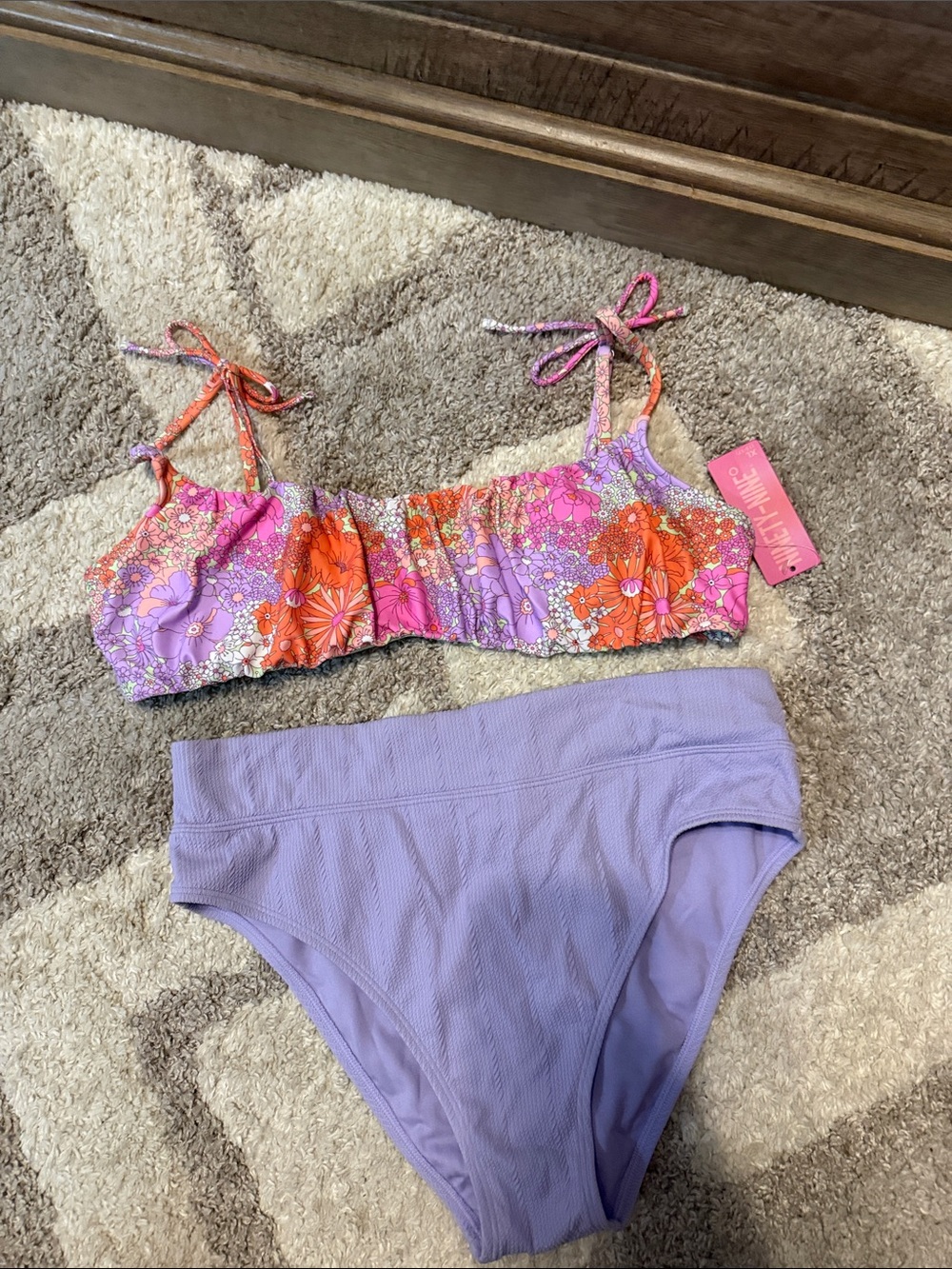 Girls Floral Tie-Shoulder Bikini Set in Lavender and Orange